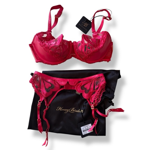 Honey Birdette Red Heart Set NEW NWT giftable 34F XS 34DDD - Picture 1 of 13